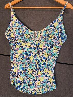 Anne Cole Floral Spaghetti Strap Camisole - Blue, Aqua, Lime,Bikini top only